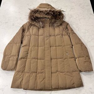 FEYEM Goose Down Puffer Jacket Finland Raccoon Fur Trim Hood Caramel XL